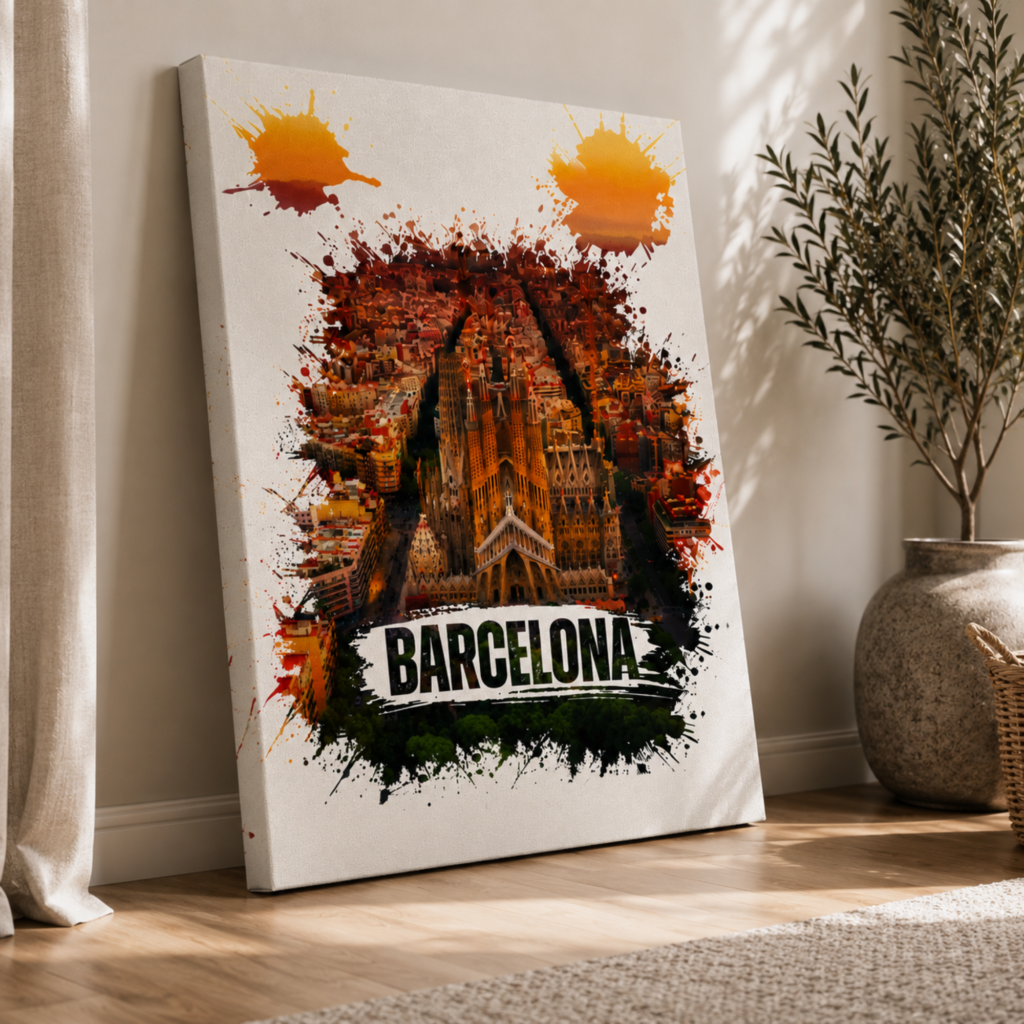 Barcelona Sagrada Familia Wall Art, Watercolor Splash Canvas Art, Barcelona Sunset, Sagrada Familia Portrait, 3D Canvas Wall Decoration