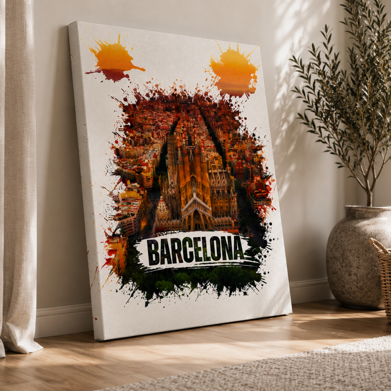 Barcelona Sagrada Familia Wall Art, Watercolor Splash Canvas Art, Barcelona Sunset, Sagrada Familia Portrait, 3D Canvas Wall Decoration