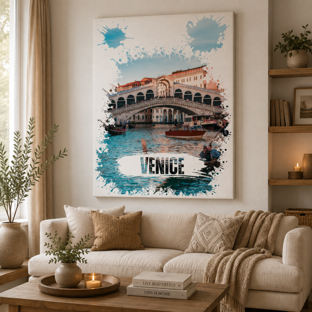 Venice Rialto Bridge Canvas, Watercolor Splash Wall Art, Italian Decoration, Italy Wall Art, Venice Bridge, Home Decoration, Canvas Wall Art