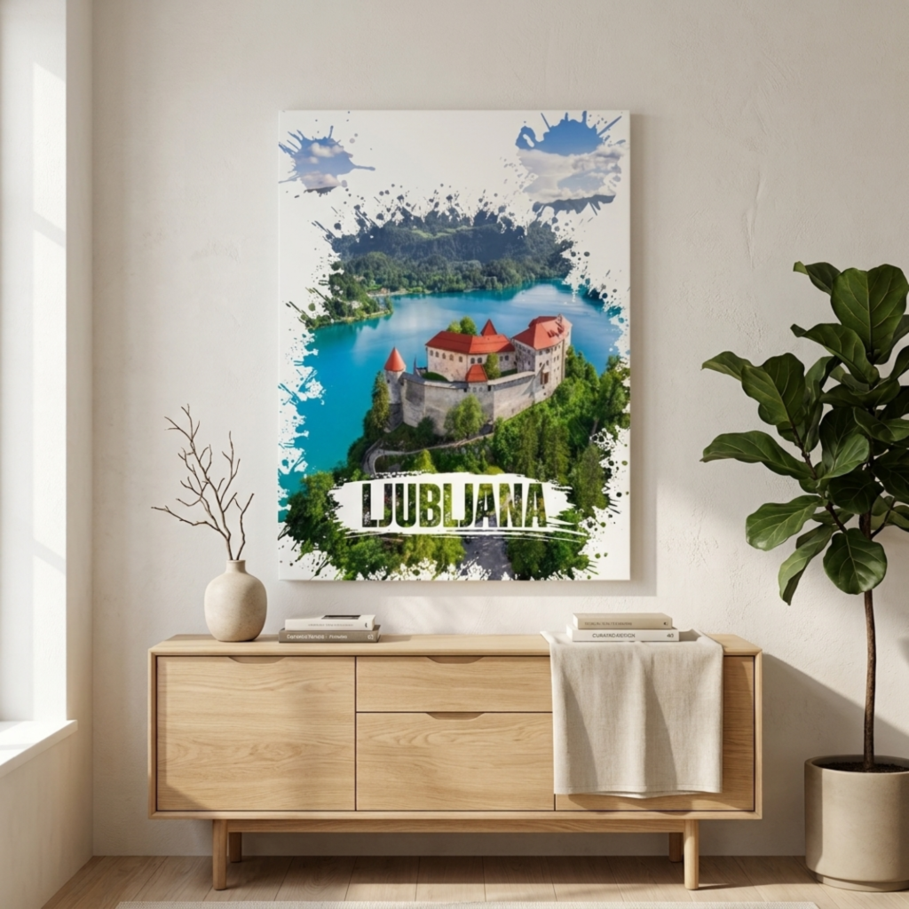 Ljubljana Watercolor Printed Canvas, Slovenia Wall Art, Green Country, City View, Home Decoration, Living Room Wall Decor, Cotton Canvas