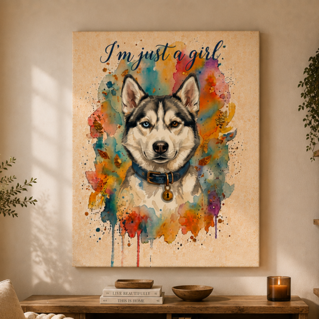 I'm Just a Girl Husky Wall Art, Siberian Husky Canvas Wall Decor, Pet Portrait Decor, Bedroom Decoration, Large Wall Decor, Gift for Dog Mom
