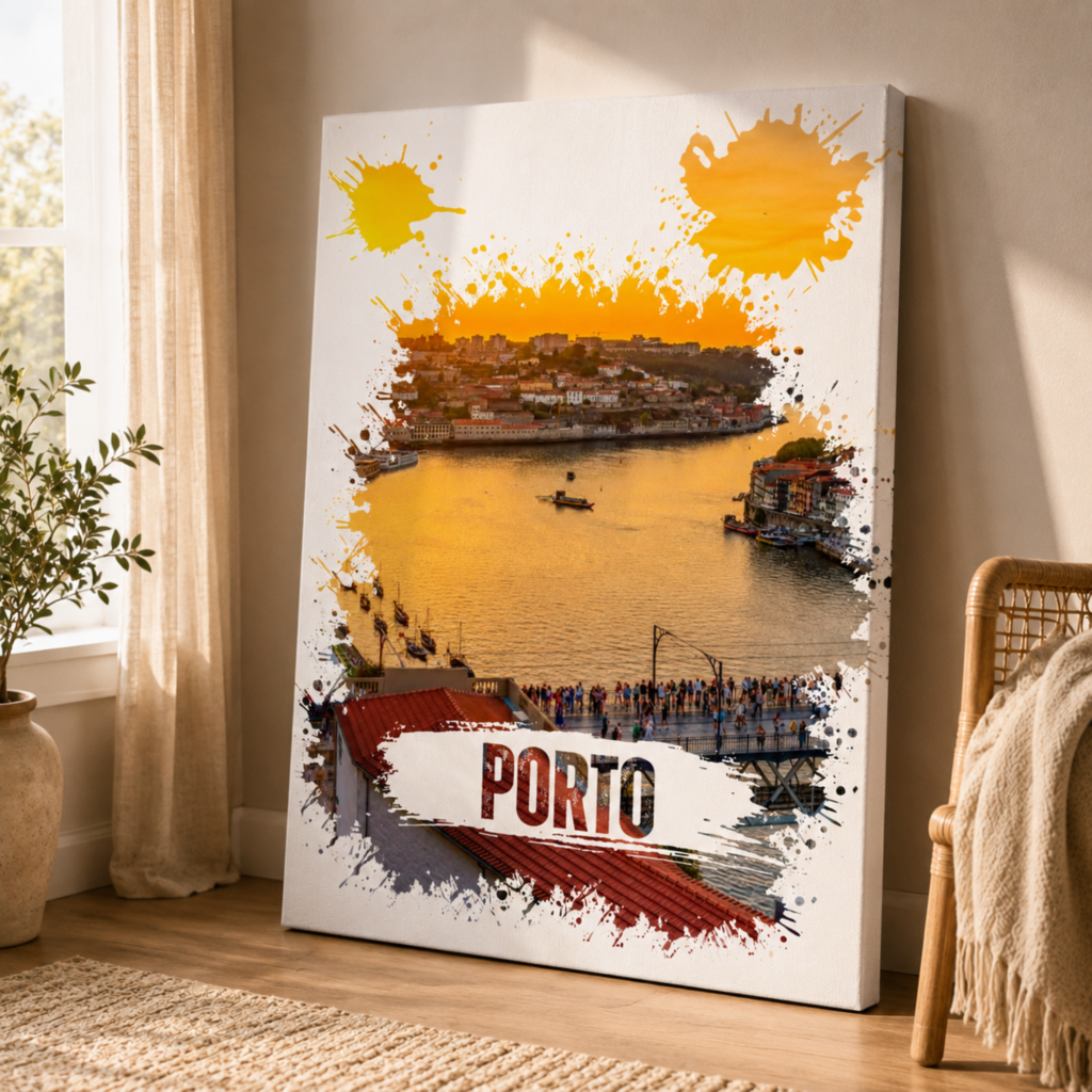 Porto Watercolor Skyline Canvas Wall Art, Portugal Vibes, Porto City View, Skyline Art, Sunset Wall Art, Living Room Decoration, 6 Sizes